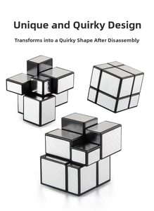 Three views of silver mirror cube showing solved state and scrambled irregular shapes