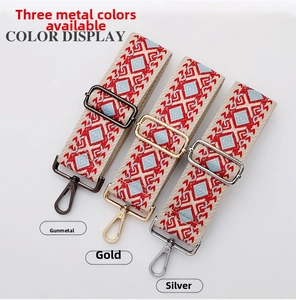 Adjustable woven purse strap with geometric pattern and metal hardware options