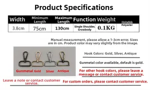 Adjustable 3.8cm polyester shoulder strap with four metal hook hardware color options