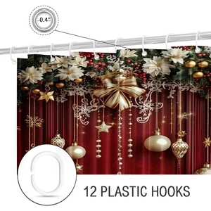 Detail of Christmas shower curtain metal grommets and twelve white plastic hooks