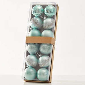 Light blue and turquoise Christmas ball set with glitter and silver tree patterns