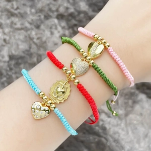 Gold Plated Copper Heart Pendant Bracelet Adjustable Colorful Woven Cord Rhinestone Inlaid Fashion Jewelry For Women