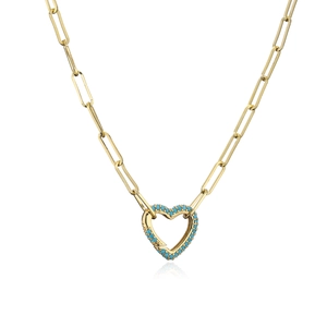 Golden paperclip chain necklace with a turquoise-studded heart clasp pendant