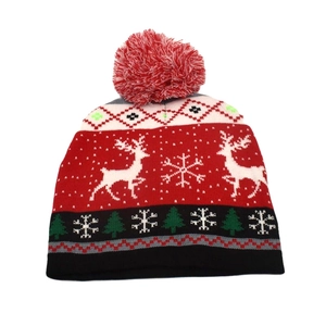 Detail showing the red and white pom-pom and knitted reindeer pattern of the winter hat