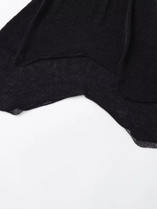 Detail of black metallic knit fabric showing fine texture and wavy lettuce hem edge
