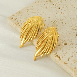 18k gold plated stainless steel feather stud earrings with textured vintage finish