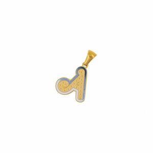 Macro detail of letter A pendant with blue and white enamel and gold plating