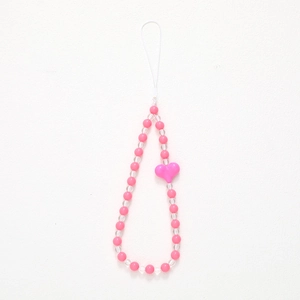 Handmade beaded phone strap featuring pink acrylic hearts and transparent round beads