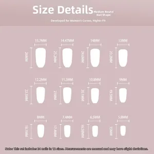 Size guide for medium almond press on nails showing detailed width and height measurements