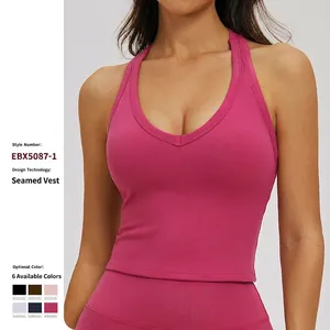 Women's V-Neck Halter Yoga Tank Top Ribbed Moisture Wicking Sport Bra Racerback Cutout Back Gym Fitness Workout Athletic Top