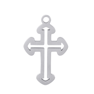 Polished silver stainless steel hollow cross pendant with heart-shaped ends on white background