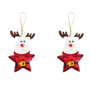 Detail of sequin reindeer star ornaments with gold strings for Christmas tree decoration