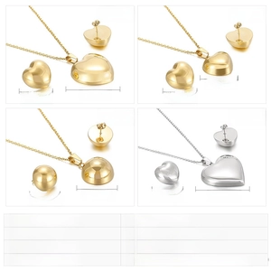 Detailed view of gold and silver heart jewelry sets in stainless steel with sizes