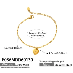 Detailed view of 18k gold plated heart bracelet with precise dimensions and specs