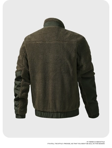 Rear view of army green teddy fleece jacket showing spliced fabric and high neck collar