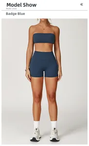 Detail shot of the Emblem Blue seamless yoga set with sports bra and high-waisted shorts