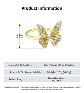 Detail view of S925 sterling silver butterfly ring with 5.1mm height specification