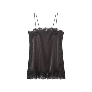 Elegant black satin camisole top with delicate lace trim detailing on white background
