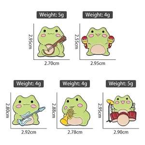 Cartoon green frog enamel pins set featuring musical instruments with size and weight specs