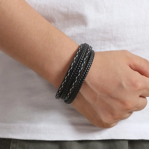 Handmade multilayer black woven leather bracelet with magnetic clasp for men and women