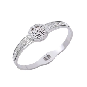 Polished silver stainless steel bangle with a zircon-encrusted tree of life charm