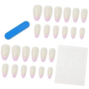 Faux ongles amande courts avec motifs fleurs violettes et design French manucure