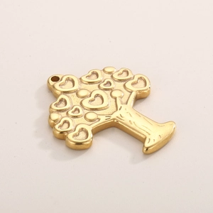 Golden stainless steel tree of life pendant with heart shaped leaves on light background