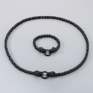 Macro detail of black Byzantine chain necklace and bracelet with double lion head closure