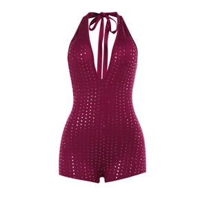 Combinaison sexy bordeaux à paillettes pour femme avec col en V profond et licou chic