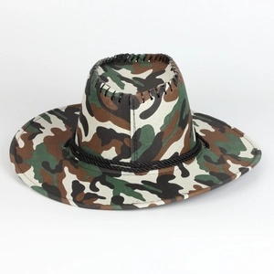 Camo Western cowboy hat with wide brim, woodland camouflage pattern and chin strap
