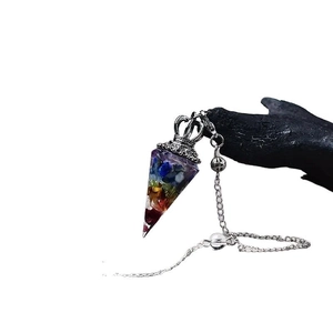 Seven chakra hexagonal pyramid pendant with natural crystal stones and silver metal chain