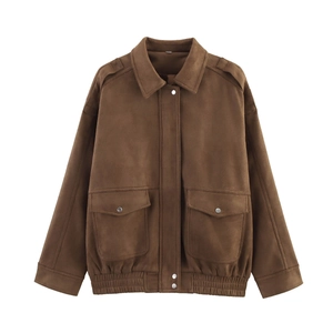 Women's dark brown faux suede bomber jacket with lapel collar and flap pockets