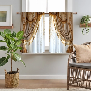 Detail of luxury gold embroidered curtains with white sheer liner and elegant tassels