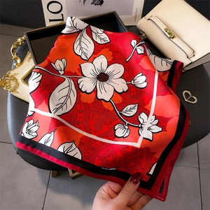Floral print silk-like square scarf in red and white with black floral patterns