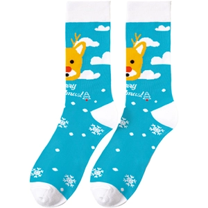 Blue Christmas crew socks with yellow reindeer pattern and Merry Christmas print