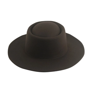 Detailed view of dark brown wool felt fedora with a round top and flat wide brim