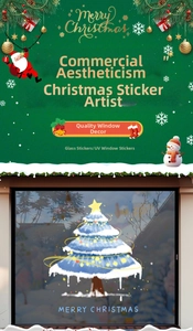 Detail von UV-Weihnachtsbaum-Fensteraufkleber mit Schneeflocken und Schriftzug
