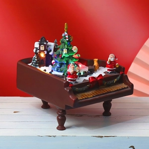 Boîte Musique Piano Noël LED Scène Neige Maison Père Noël Résine Ornement Bureau
