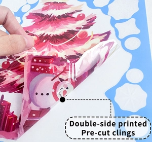 Detail showing double-side printed pink Christmas tree and snowman window clings