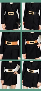 Detailed grid of wide elastic belts in black, brown, and white with gold metal buckles