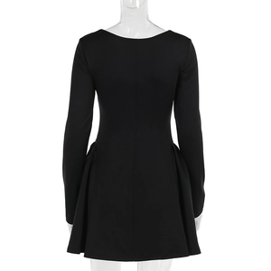 Back view of a long sleeve black slim fit dress with a flared A-line skirt on a mannequin