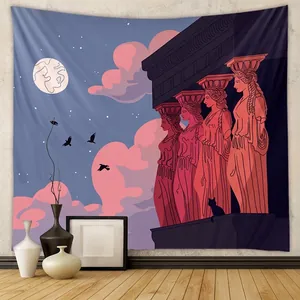 Tapisserie Architecture Grecque Antique Tenture Murale Polyester Caryatides Lune Nuages Roses Ciel Nocturne Décoration