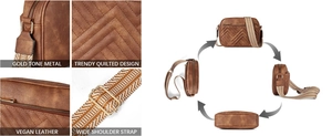 Detailed macro view of caramel vegan leather texture and gold hardware on quilted crossbody bag