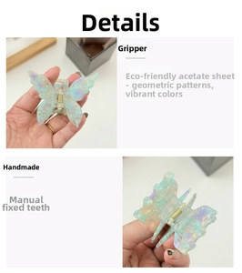 Detail view of acetate butterfly hair claw clip with colorful marble pattern texture