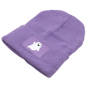 Detail of lavender knit beanie with white cartoon ghost patch and ribbed texture