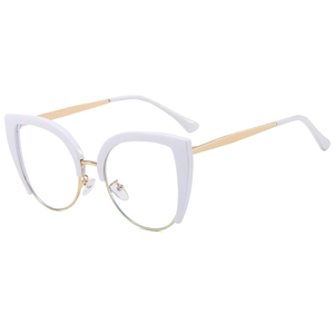 Cat eye semi-rimless glasses frame in white and gold with anti-blue light lenses