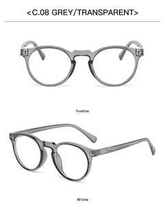 Detailed close-up of retro round eyewear frame in grey transparent finish with metal hinges
