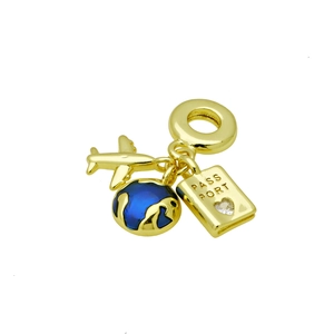 Detail of gold passport charm with heart zircon, blue enamel globe and airplane pendant