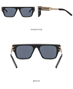Multi-angle detail of square oversized sunglasses with gold hardware and grey lenses