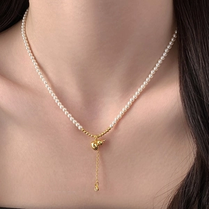 Elegant Imitation Artificial Pearl Necklace With Golden Gourd Pendant Zircon Tassel Clavicle Chain For Women New Chinese Style